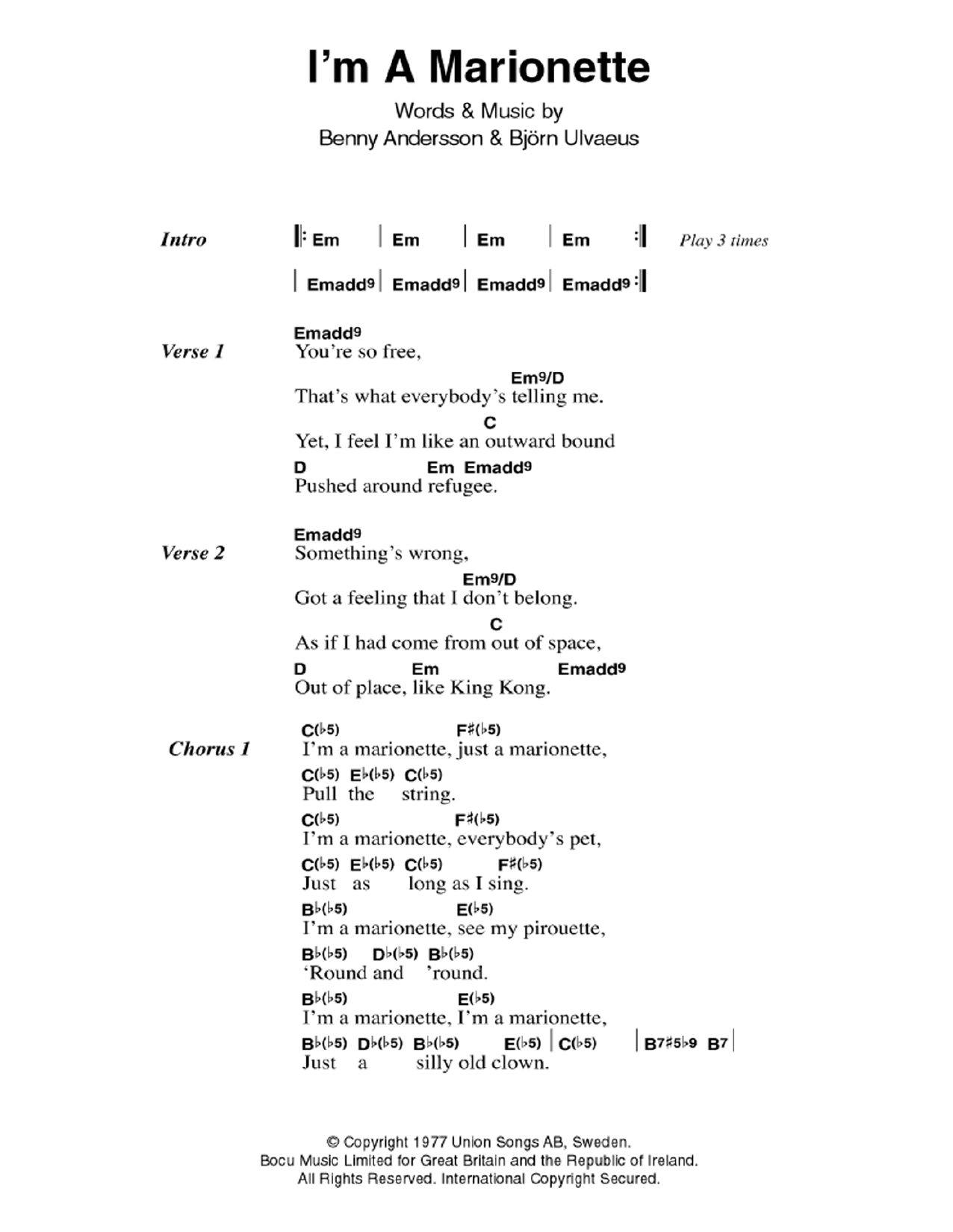 ABBA I'm A Marionette sheet music notes and chords. Download Printable PDF.