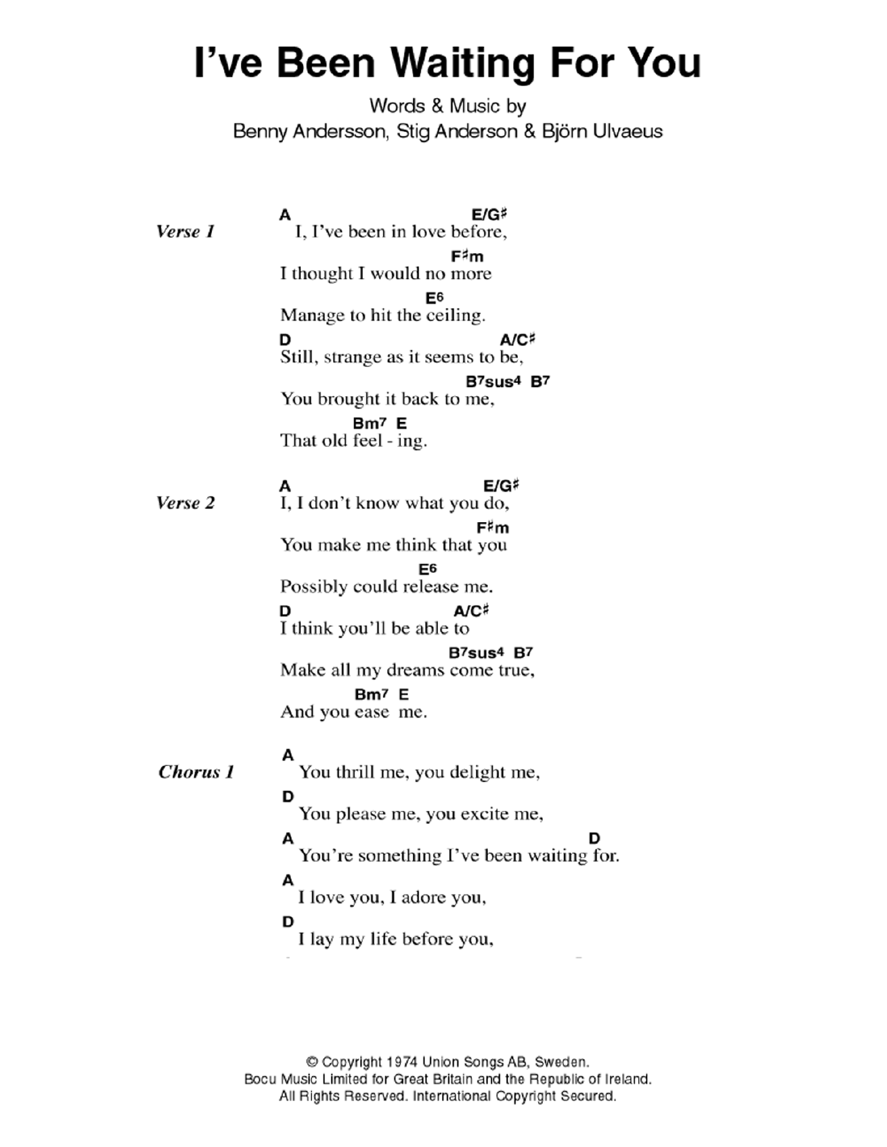 ABBA I've Been Waiting For You sheet music notes and chords. Download Printable PDF.