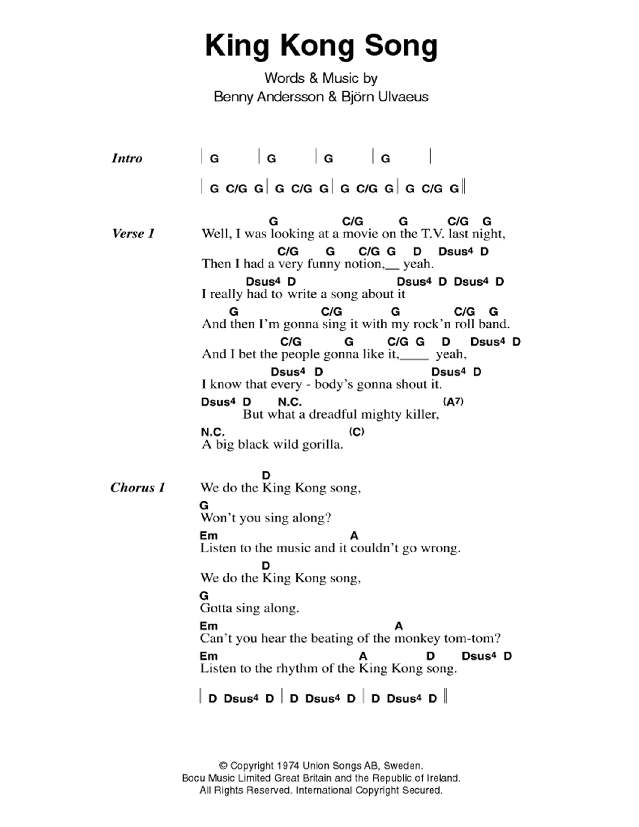 ABBA King Kong Song sheet music notes and chords. Download Printable PDF.