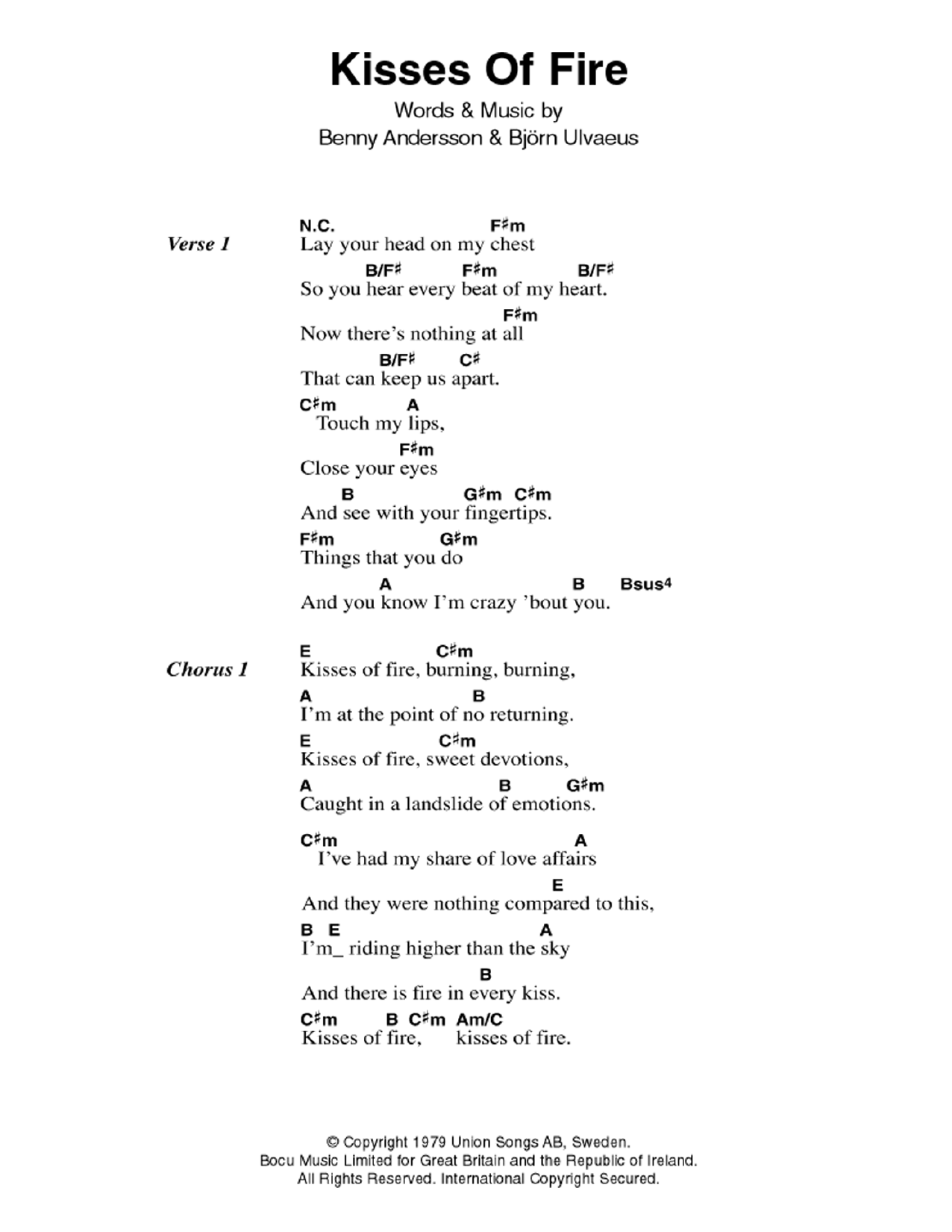 ABBA Kisses Of Fire sheet music notes and chords. Download Printable PDF.