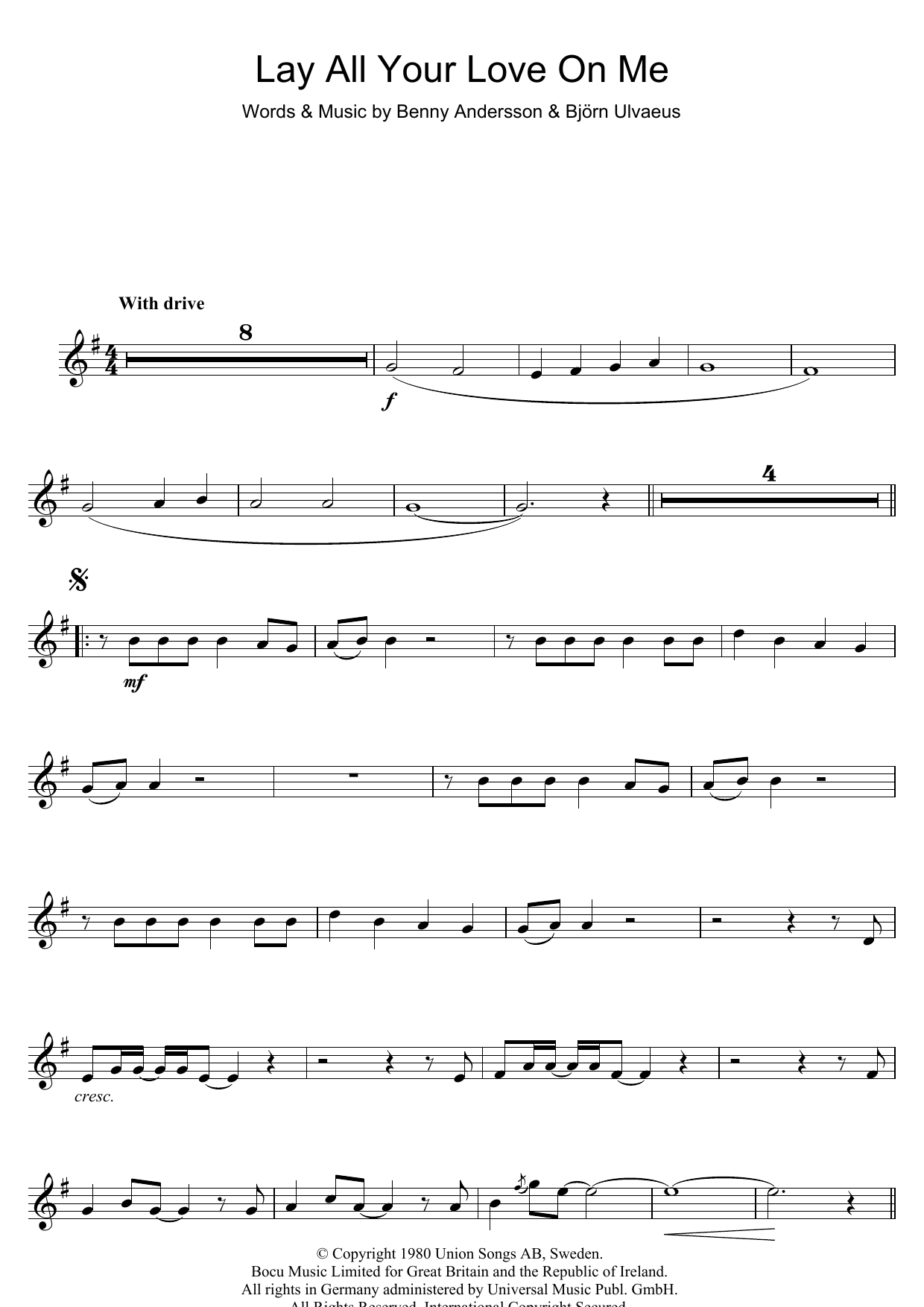 ABBA Lay All Your Love On Me sheet music notes and chords. Download Printable PDF.