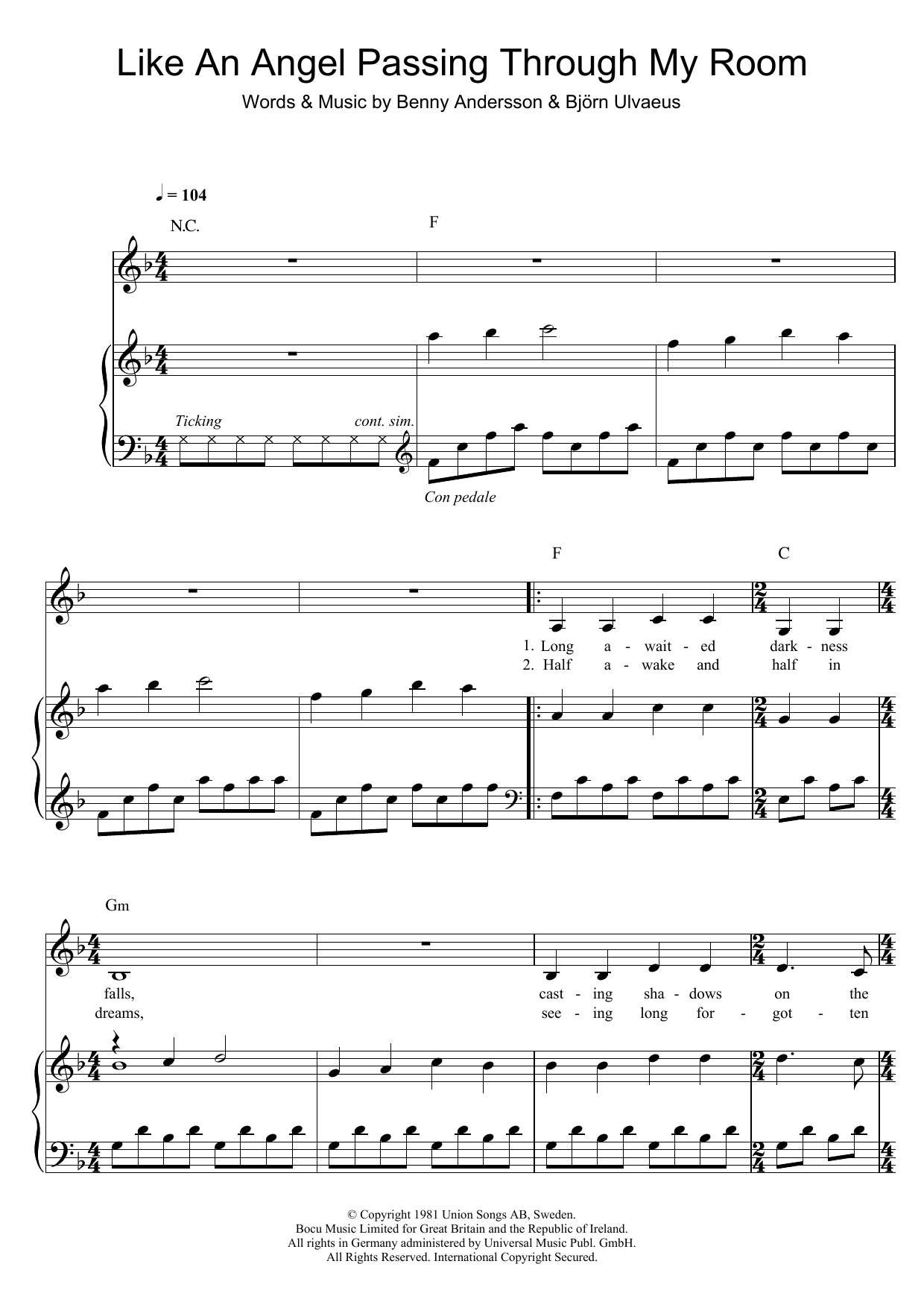 ABBA Like An Angel Passing Through My Room sheet music notes and chords. Download Printable PDF.