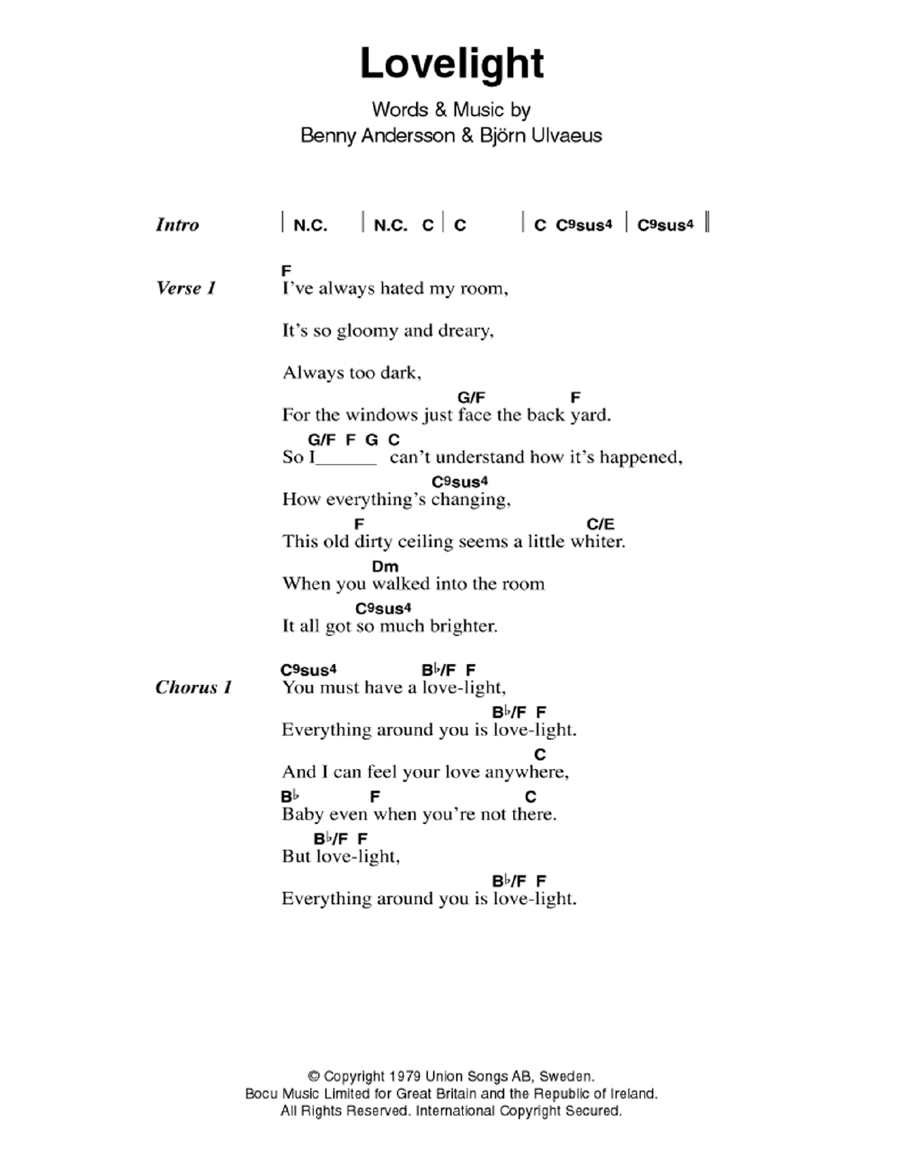 ABBA Lovelight sheet music notes and chords. Download Printable PDF.