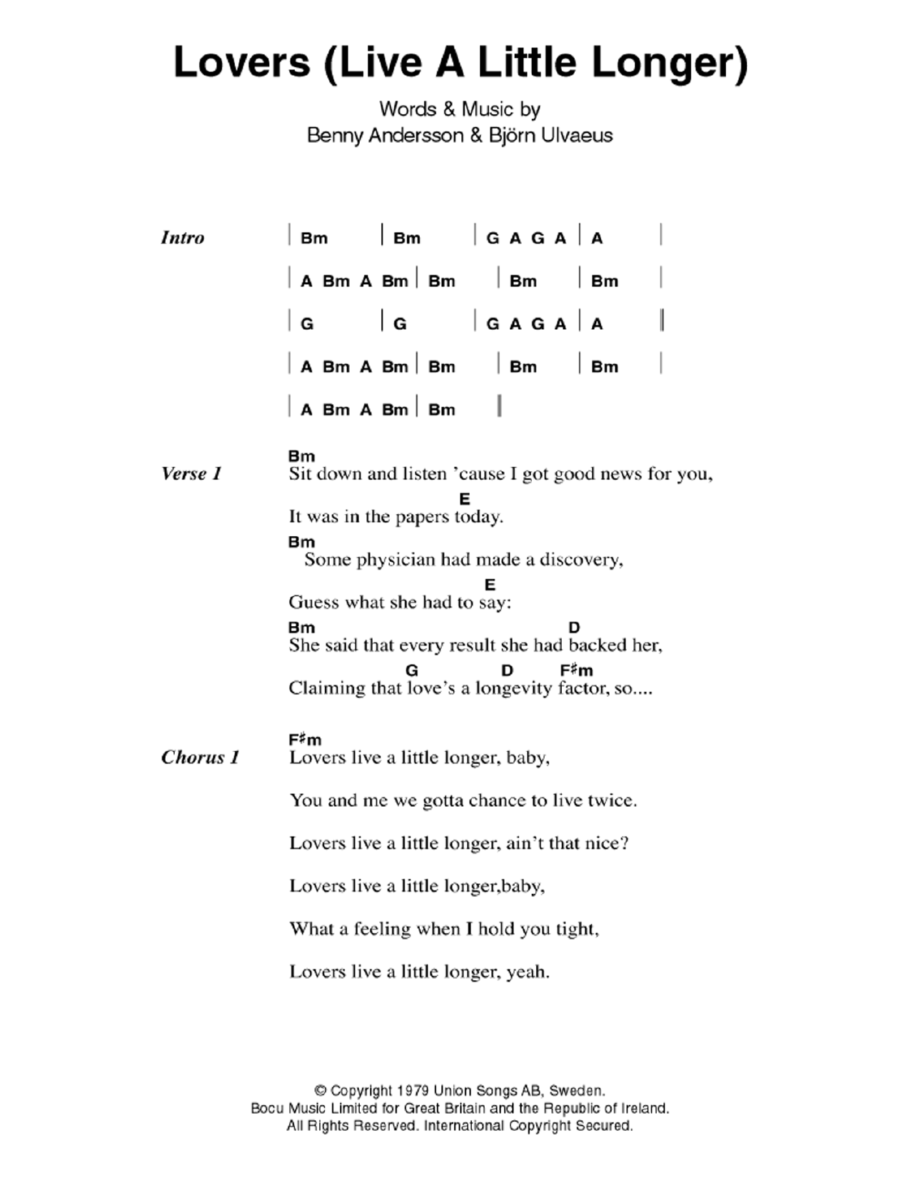 ABBA Lovers (Live A Little Longer) sheet music notes and chords. Download Printable PDF.