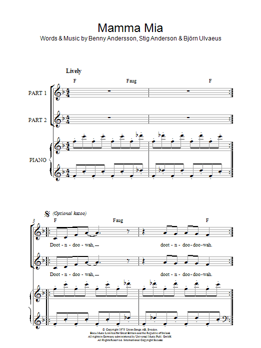 ABBA Mamma Mia sheet music notes and chords arranged for 2-Part Choir