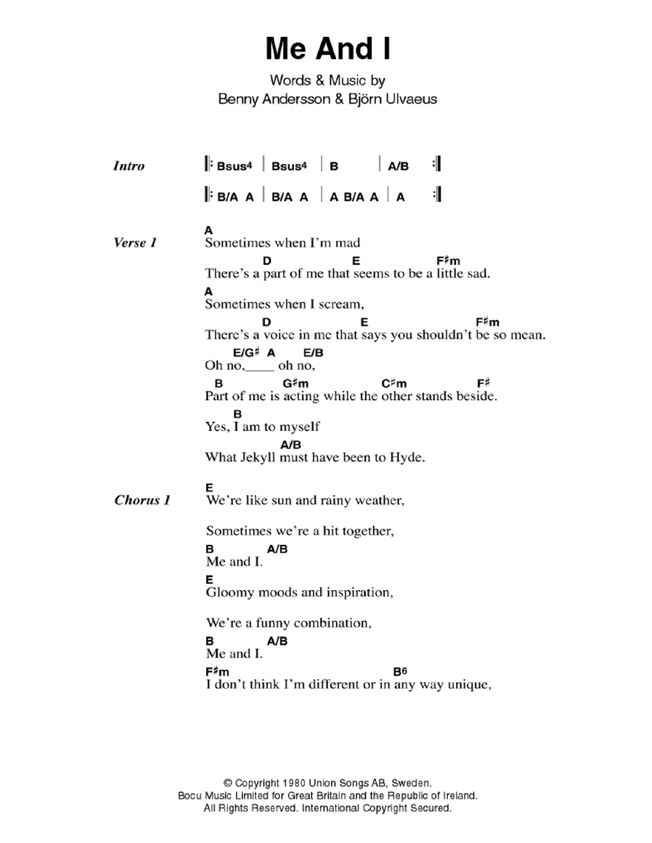 ABBA Me And I sheet music notes and chords. Download Printable PDF.