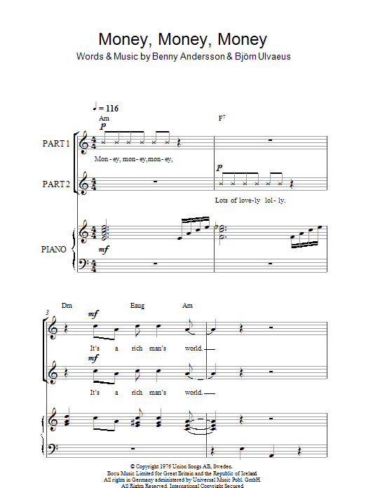 ABBA Money, Money, Money sheet music notes and chords arranged for 2-Part Choir