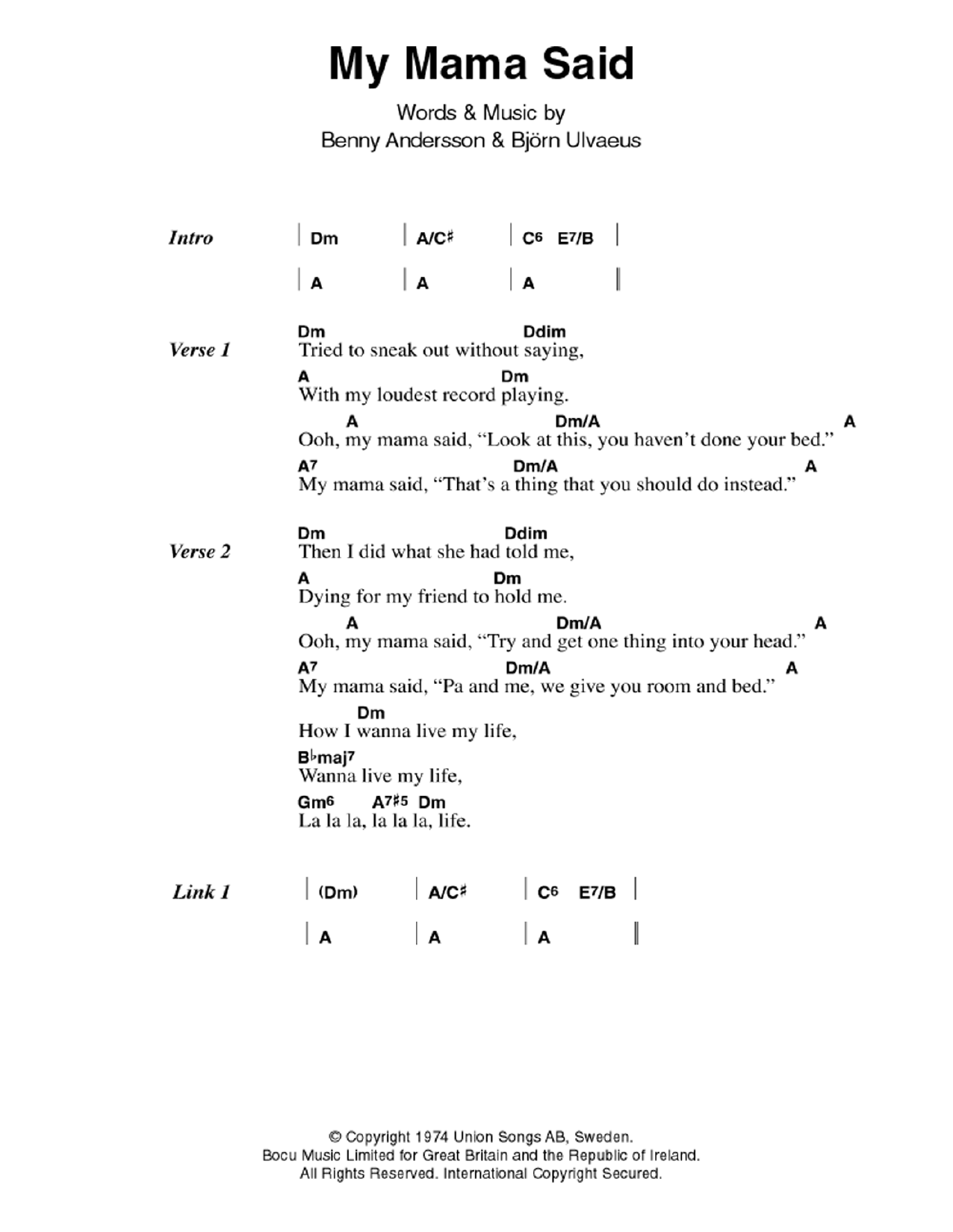 ABBA My Mama Said sheet music notes and chords. Download Printable PDF.