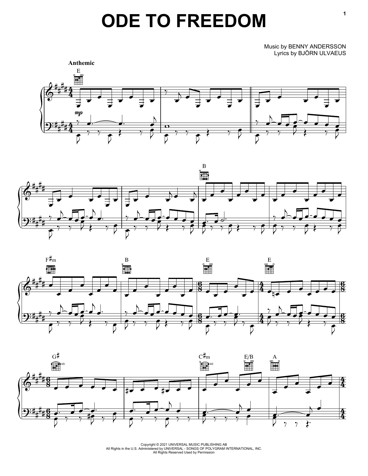 ABBA Ode To Freedom sheet music notes and chords. Download Printable PDF.