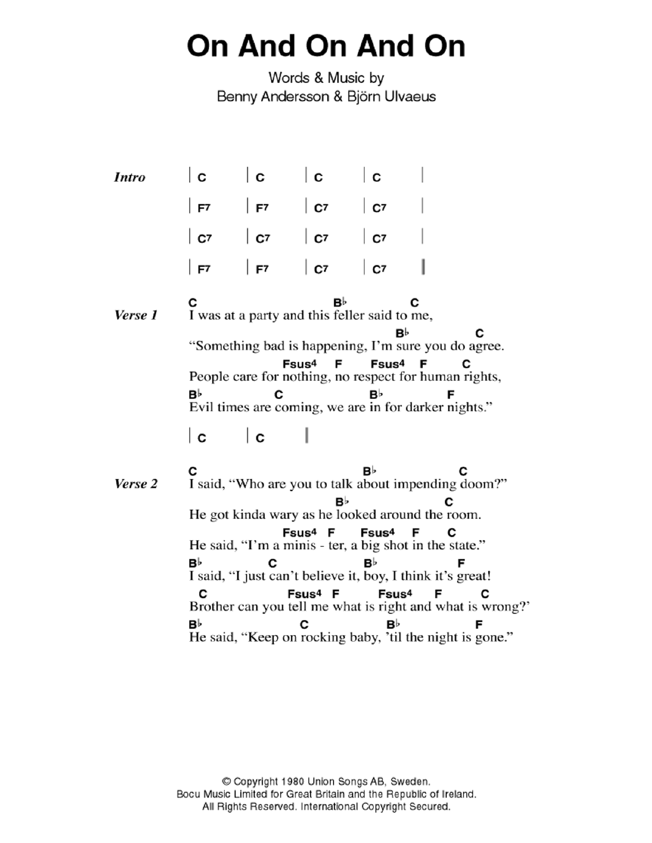 ABBA On And On And On sheet music notes and chords. Download Printable PDF.