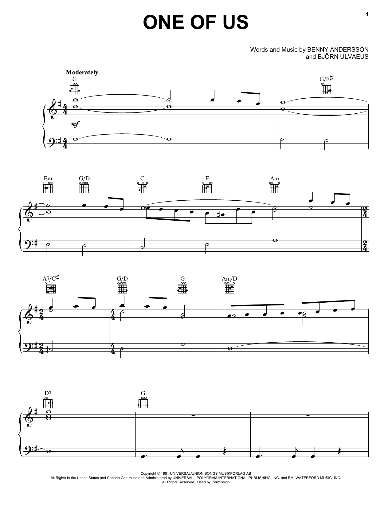 ABBA One Of Us (from Mamma Mia! Here We Go Again) sheet music notes and chords. Download Printable PDF.