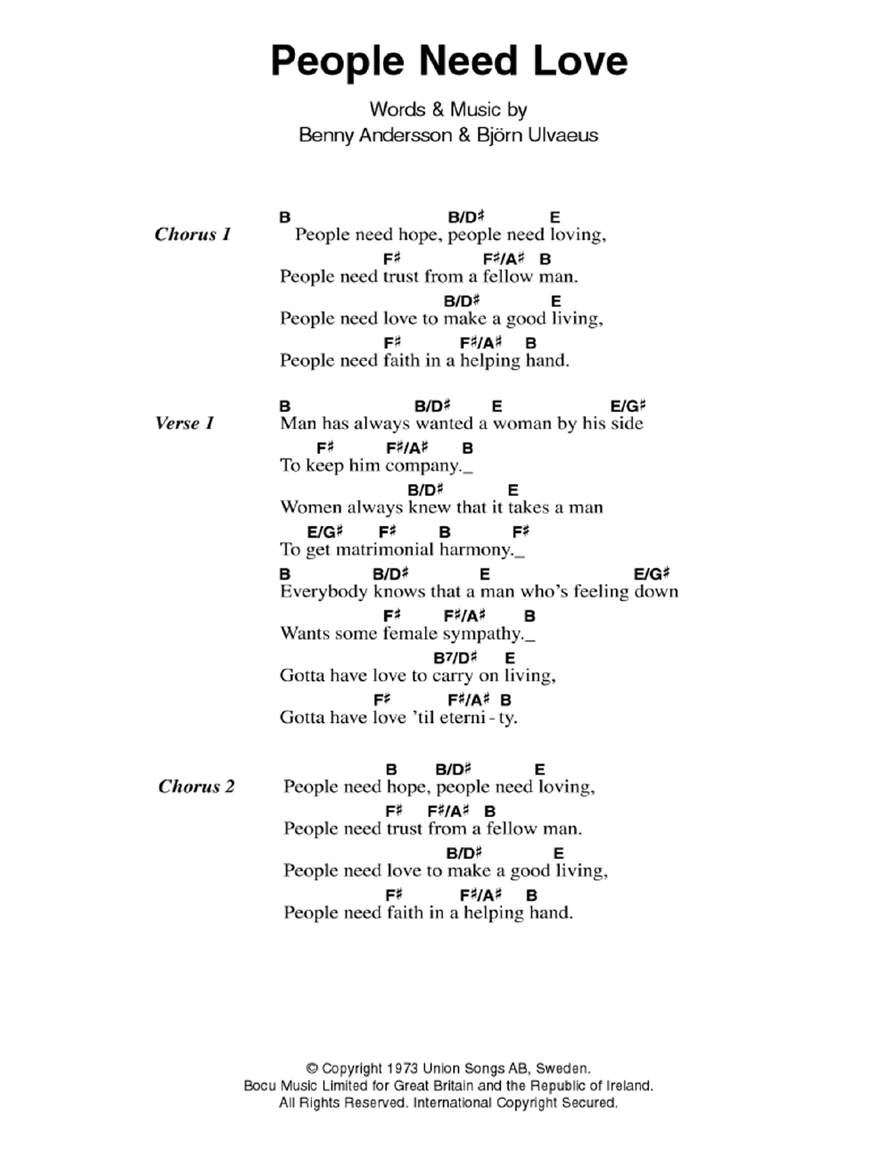 ABBA People Need Love sheet music notes and chords. Download Printable PDF.