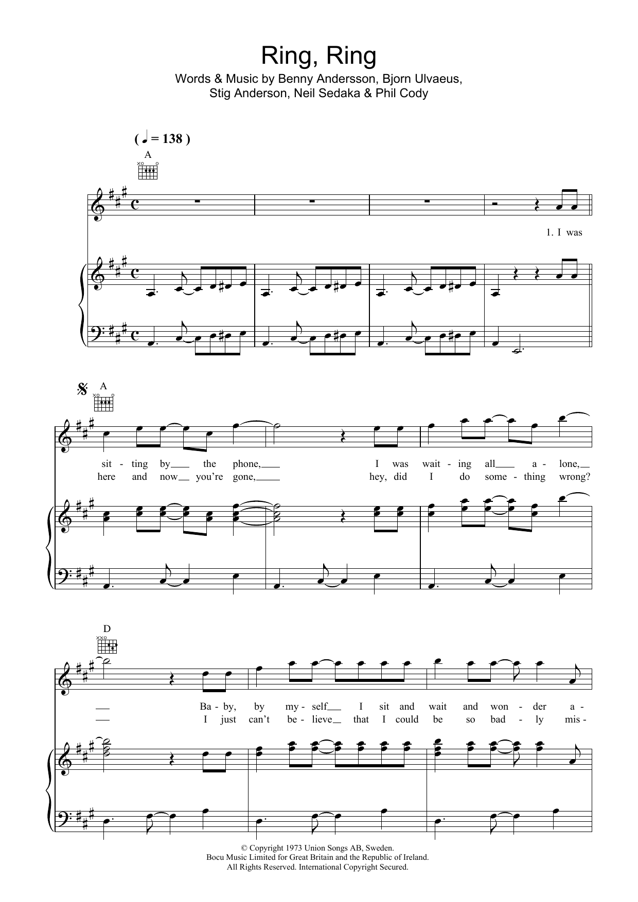 ABBA Ring, Ring sheet music notes and chords. Download Printable PDF.