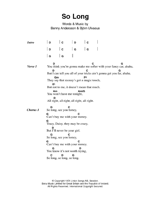 ABBA So Long sheet music notes and chords. Download Printable PDF.