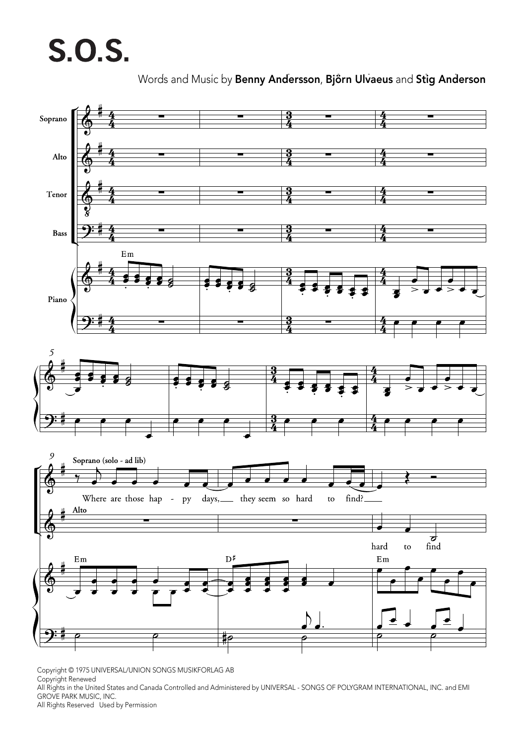 Learn to play ABBA S.O.S. (arr. Ralph Allwood & Lora Sansun) sheet music for SATB Choir in minutes. Price: 3.9900$ ABBA S.O.S. (arr. Ralph Allwood & Lora Sansun) sheet music notes and chords arranged for SATB Choir