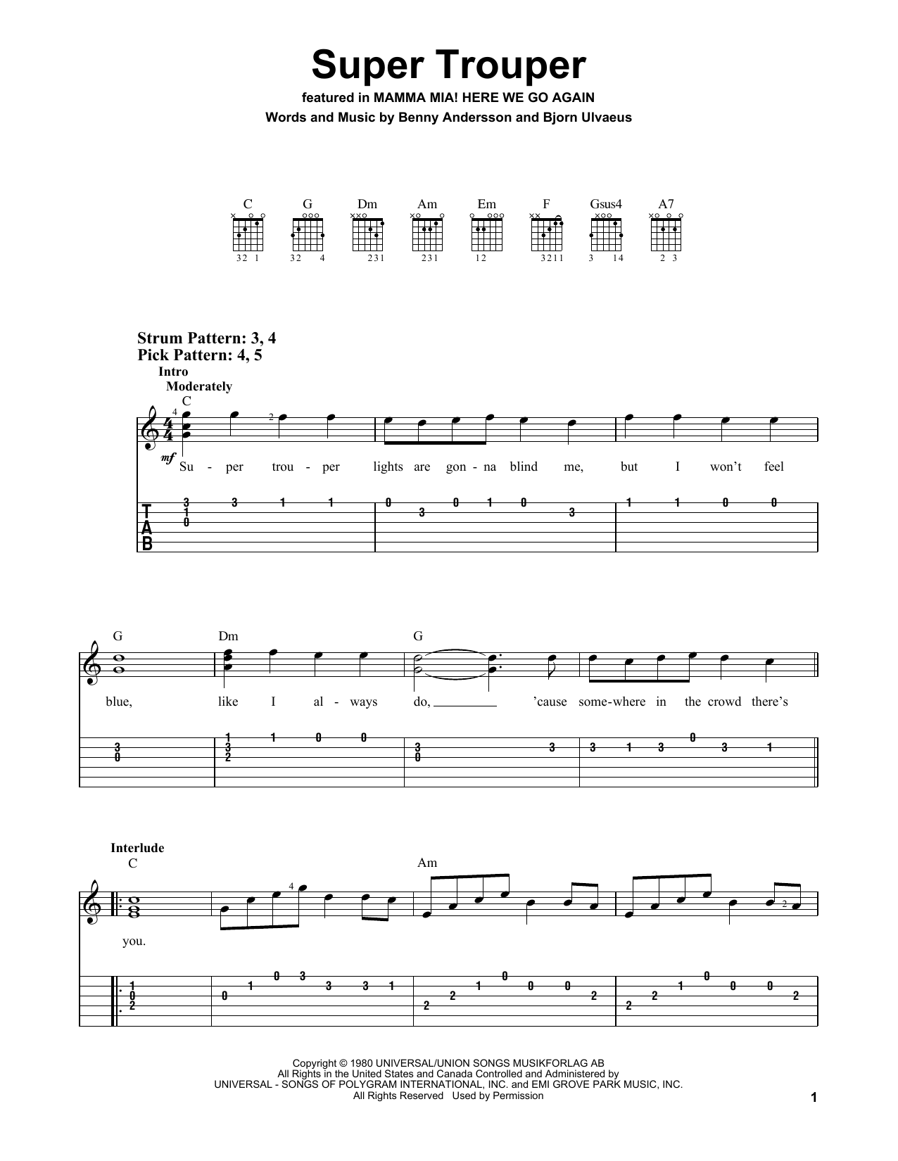 ABBA Super Trouper (from Mamma Mia! Here We Go Again) sheet music notes and chords. Download Printable PDF.