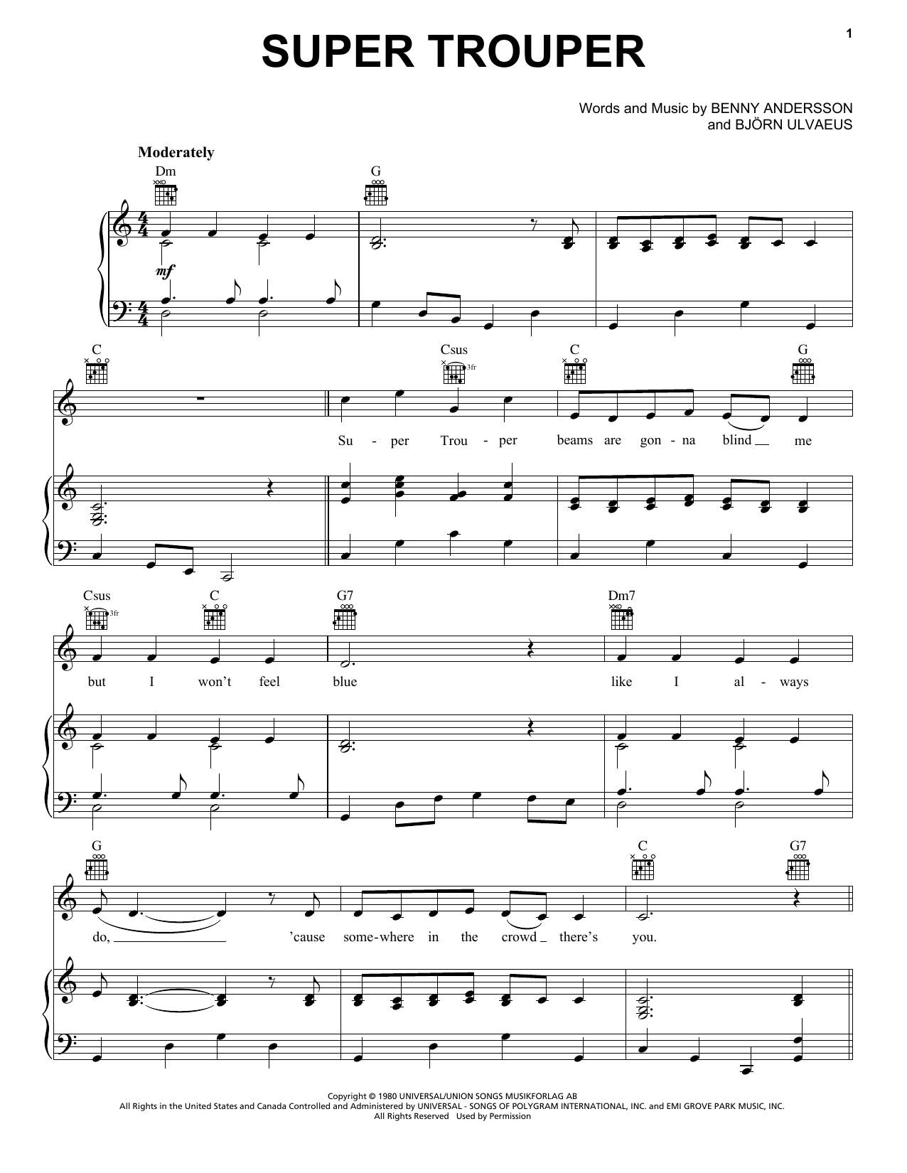 ABBA Super Trouper sheet music notes and chords. Download Printable PDF.