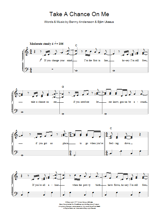 ABBA Take A Chance On Me sheet music notes and chords arranged for Piano & Vocal