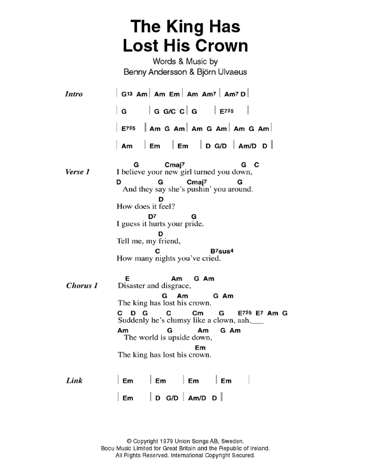 ABBA The King Has Lost His Crown sheet music notes and chords. Download Printable PDF.