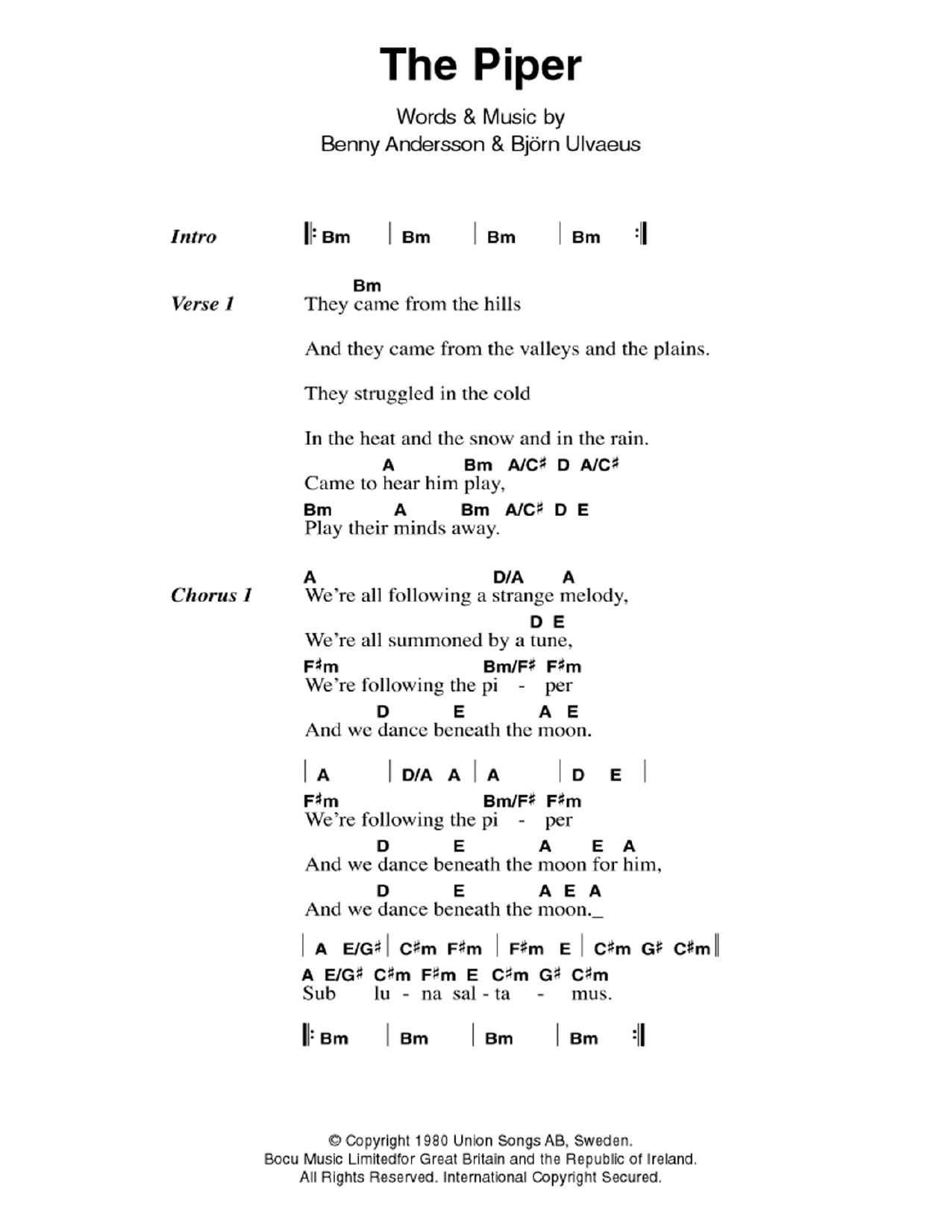 ABBA The Piper sheet music notes and chords. Download Printable PDF.