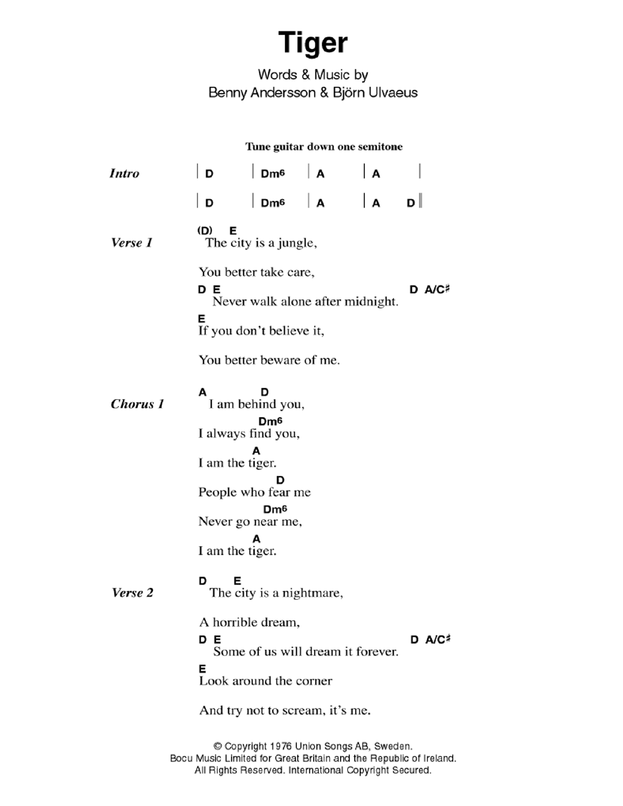 ABBA Tiger sheet music notes and chords. Download Printable PDF.