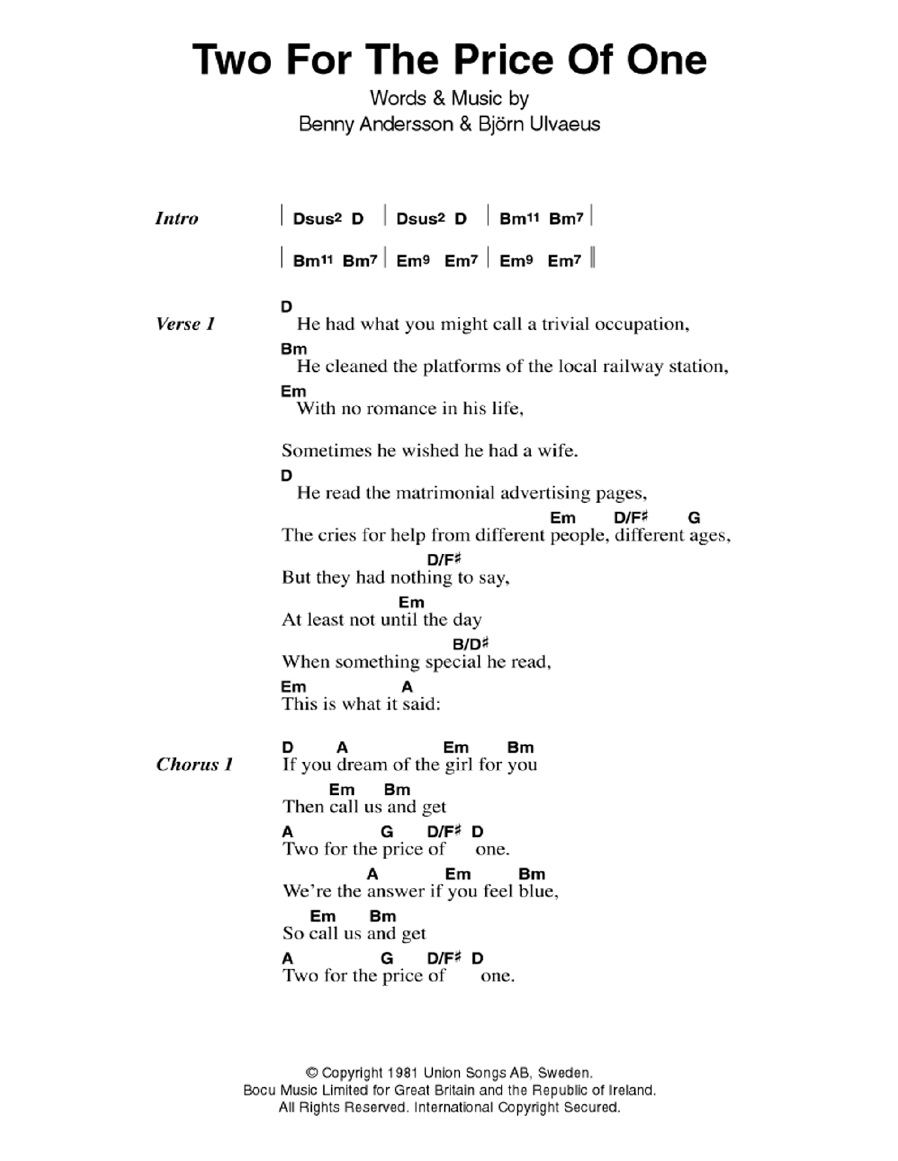 ABBA Two For The Price Of One sheet music notes and chords. Download Printable PDF.