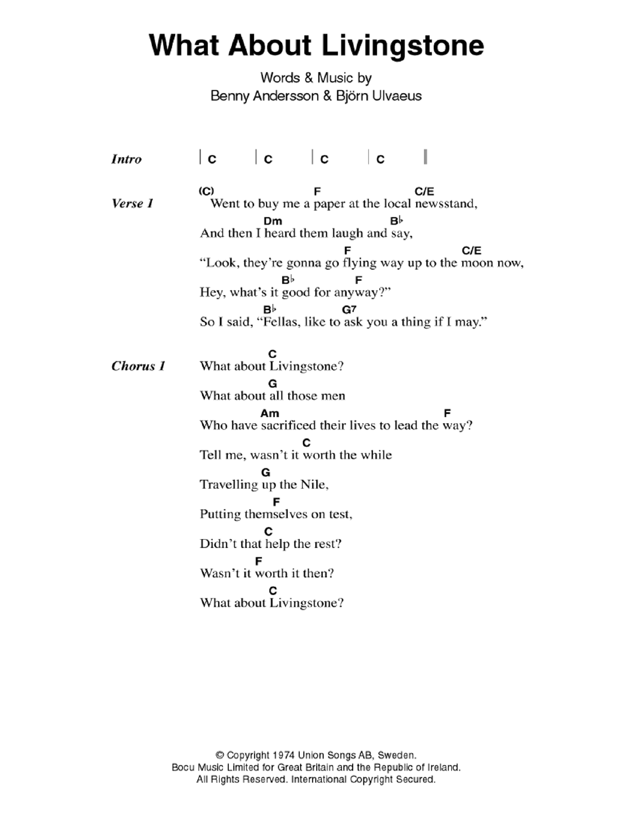 ABBA What About Livingstone sheet music notes and chords. Download Printable PDF.