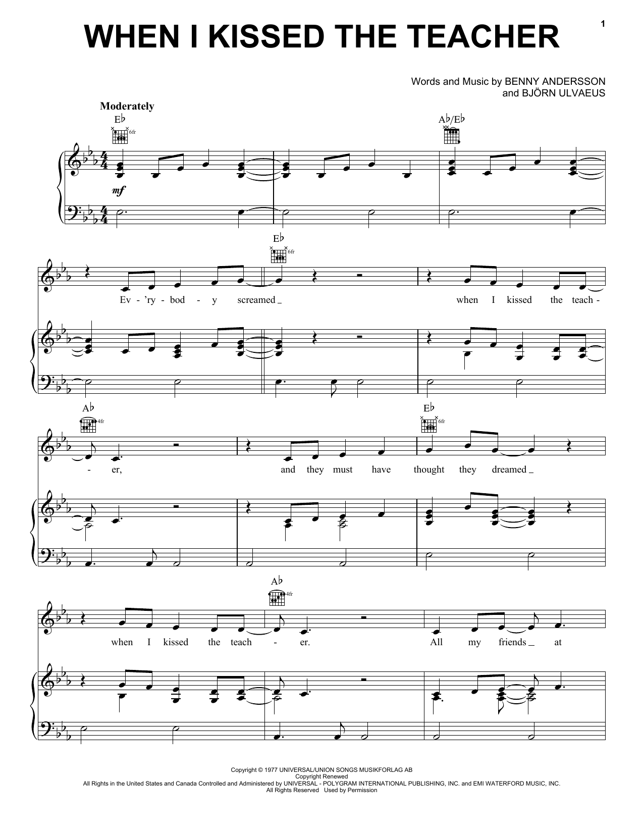 ABBA When I Kissed The Teacher (from Mamma Mia! Here We Go Again) sheet music notes and chords. Download Printable PDF.