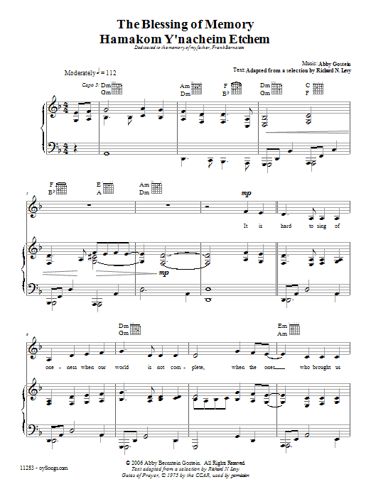 Abby Gostein Blessing of Memory sheet music notes and chords. Download Printable PDF.