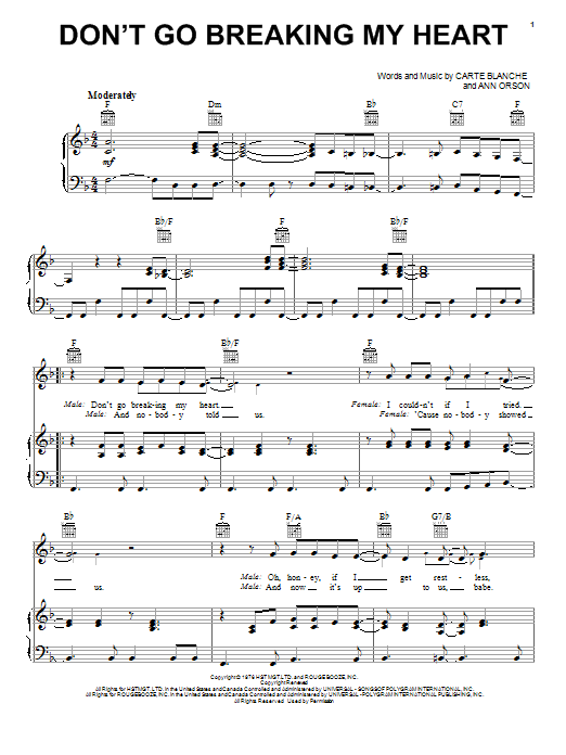 Abby Mallard Don't Go Breaking My Heart sheet music notes and chords. Download Printable PDF.