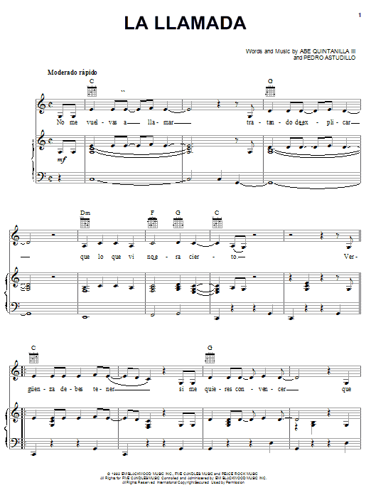 A.B. Quintanilla III La Llamada sheet music notes and chords arranged for Piano, Vocal & Guitar Chords (Right-Hand Melody)