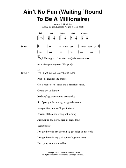 AC/DC Ain't No Fun (Waiting Around To Be A Millionaire) sheet music notes and chords. Download Printable PDF.