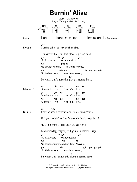 AC/DC Burnin' Alive sheet music notes and chords arranged for Guitar Chords/Lyrics