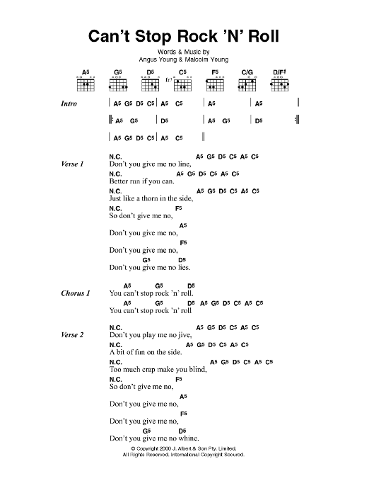 AC/DC Can't Stop Rock 'N' Roll sheet music notes and chords. Download Printable PDF.