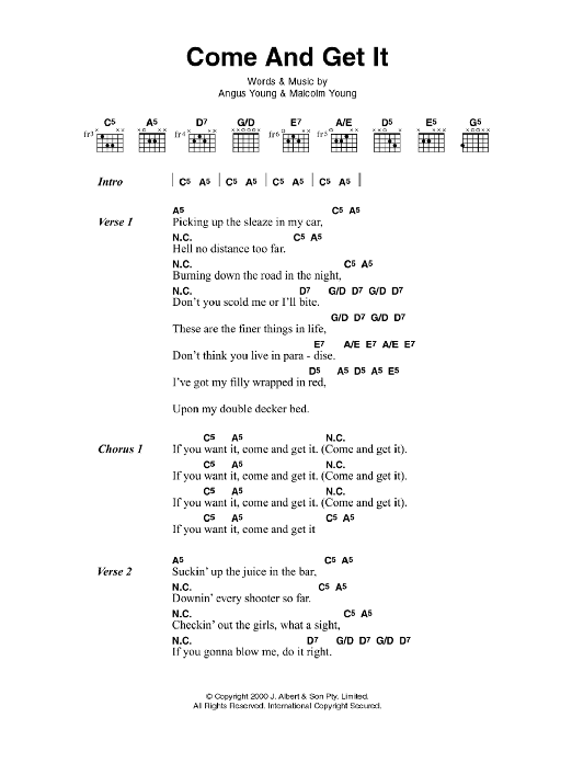 AC/DC Come And Get It sheet music notes and chords arranged for Guitar Chords/Lyrics