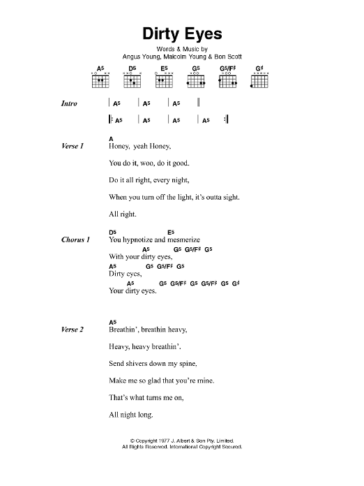 AC/DC Dirty Eyes sheet music notes and chords arranged for Guitar Chords/Lyrics