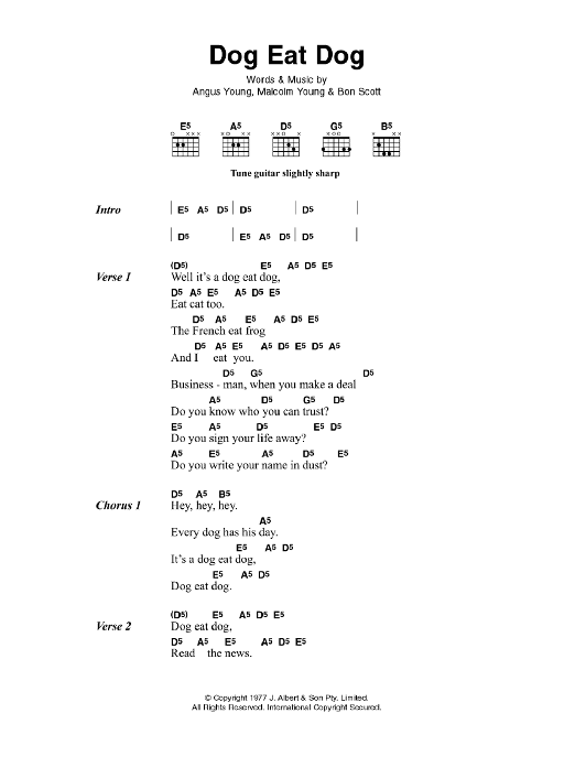 AC/DC Dog Eat Dog sheet music notes and chords. Download Printable PDF.