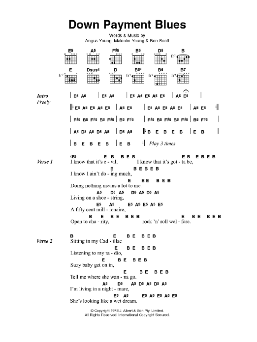 AC/DC Down Payment Blues sheet music notes and chords arranged for Guitar Chords/Lyrics