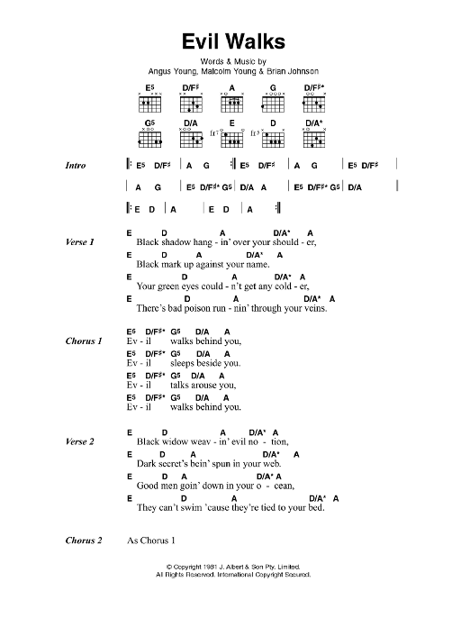 AC/DC Evil Walks sheet music notes and chords arranged for Guitar Chords/Lyrics