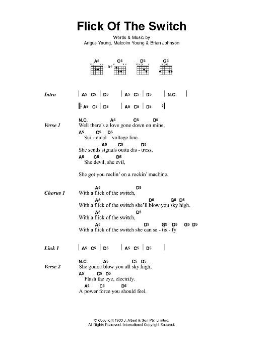 AC/DC Flick Of The Switch sheet music notes and chords arranged for Guitar Chords/Lyrics