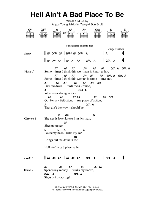 AC/DC Hell Ain't A Bad Place To Be sheet music notes and chords arranged for Guitar Chords/Lyrics