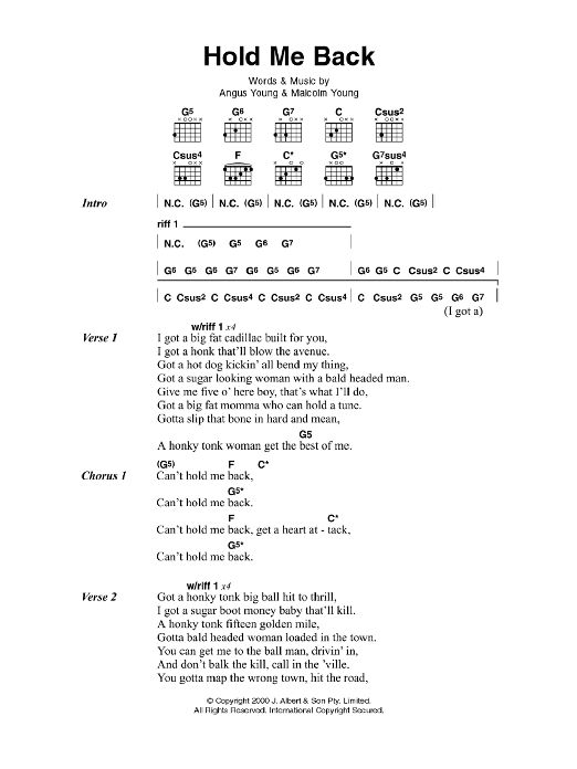 AC/DC Hold Me Back sheet music notes and chords arranged for Guitar Chords/Lyrics