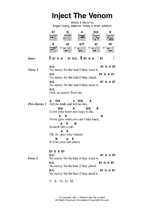 AC/DC Inject The Venom sheet music notes and chords. Download Printable PDF.