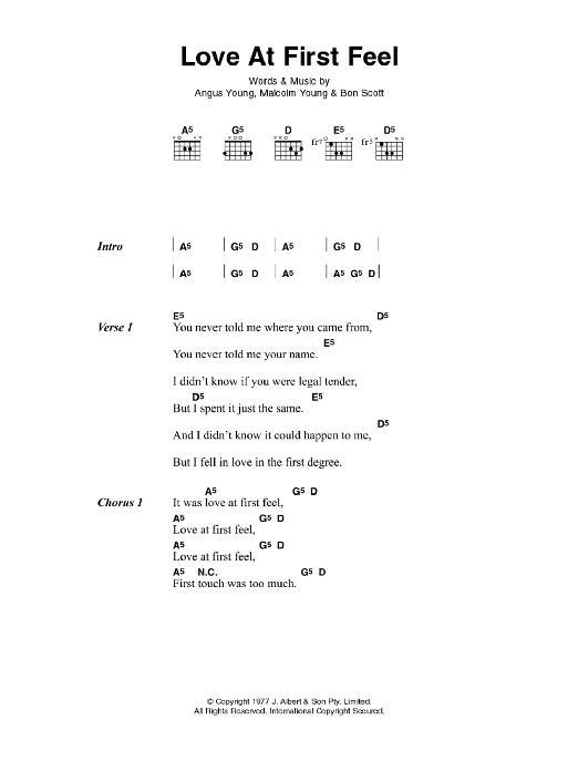 AC/DC Love At First Feel sheet music notes and chords arranged for Guitar Chords/Lyrics