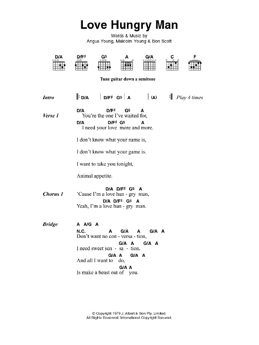 AC/DC Love Hungry Man sheet music notes and chords. Download Printable PDF.