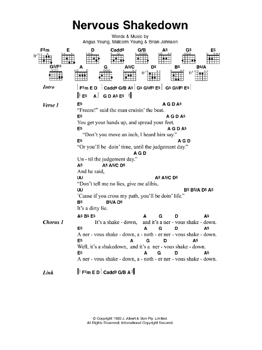 AC/DC Nervous Shakedown sheet music notes and chords arranged for Guitar Chords/Lyrics