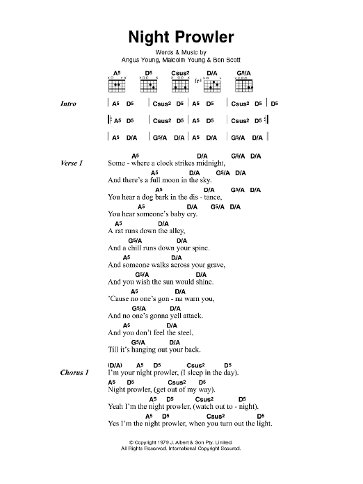 AC/DC Night Prowler sheet music notes and chords arranged for Guitar Chords/Lyrics