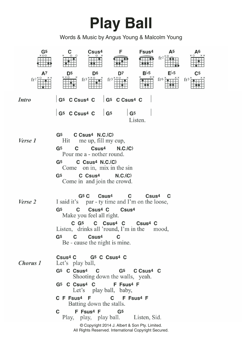 AC/DC Play Ball sheet music notes and chords arranged for Guitar Chords/Lyrics