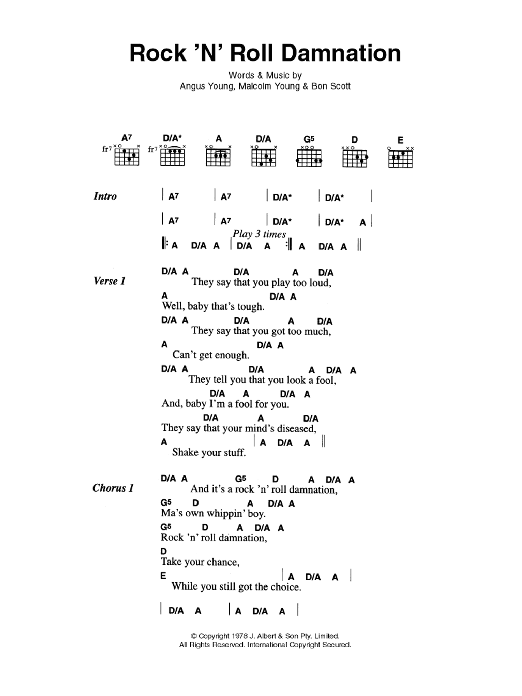 AC/DC Rock 'n' Roll Damnation sheet music notes and chords arranged for Guitar Chords/Lyrics