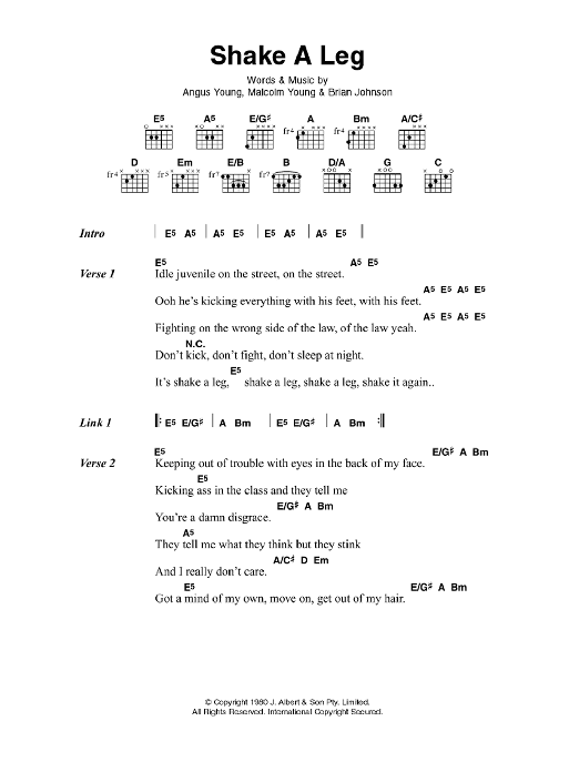 AC/DC Shake A Leg sheet music notes and chords arranged for Guitar Chords/Lyrics